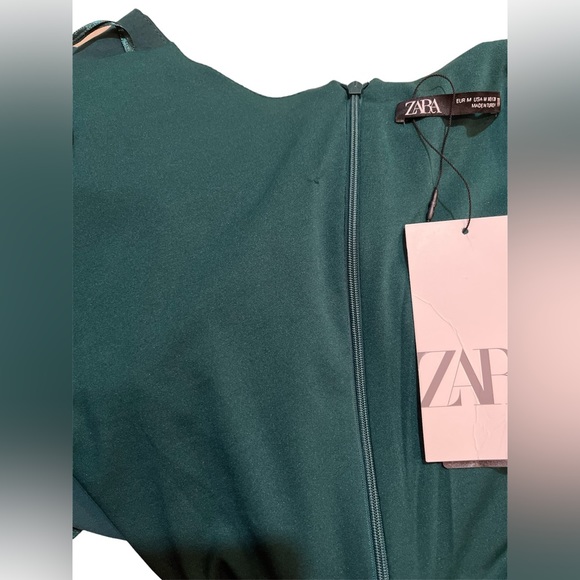 ZARA New Stunning Medium Gold Metal Piece Asymmetric Green MIDI Dress Front Slit - Picture 14 of 15